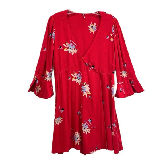 Free People Red Time On My Side S Wrap Mini Dress 3/4 Flutter Sleeves - Picture 2 of 12